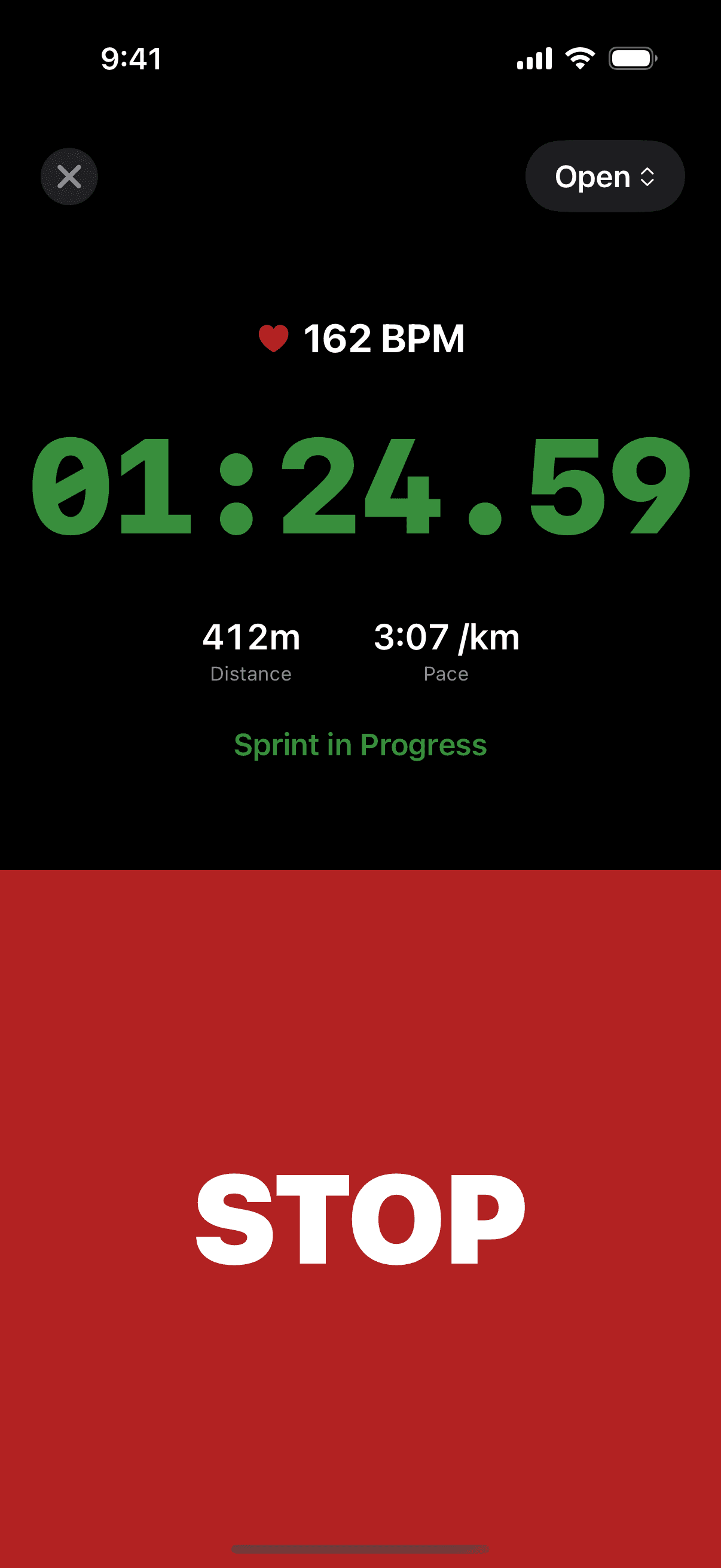 Trackreps open mode showing live GPS distance and pace