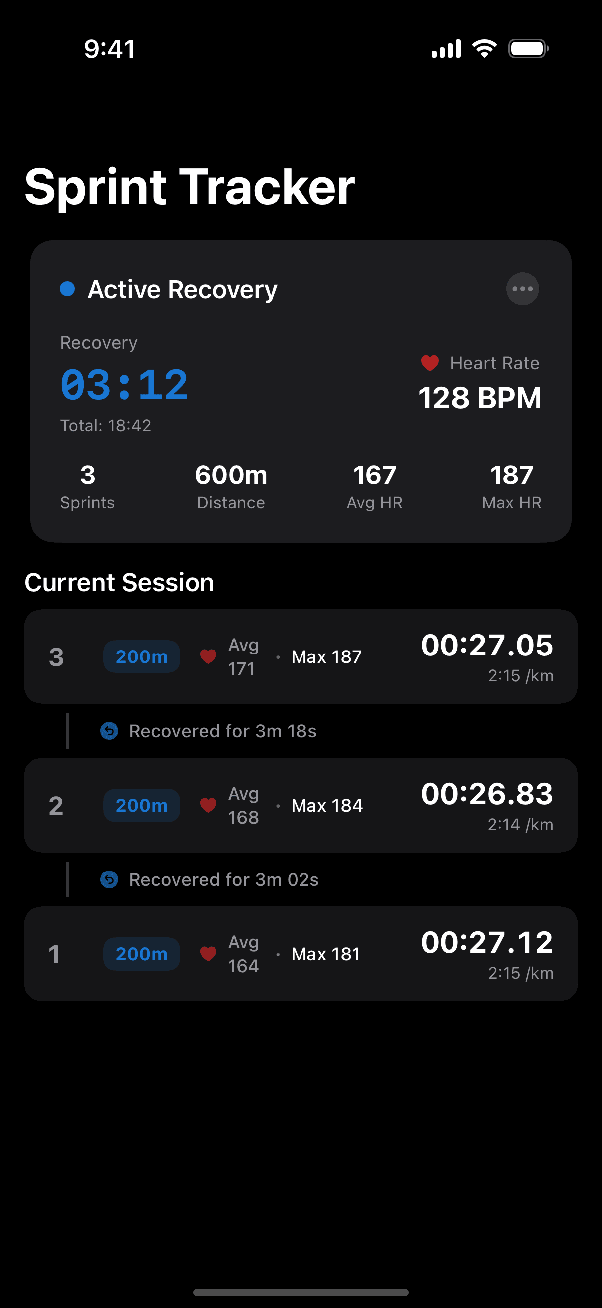 Trackreps active recovery dashboard with rep and rest times